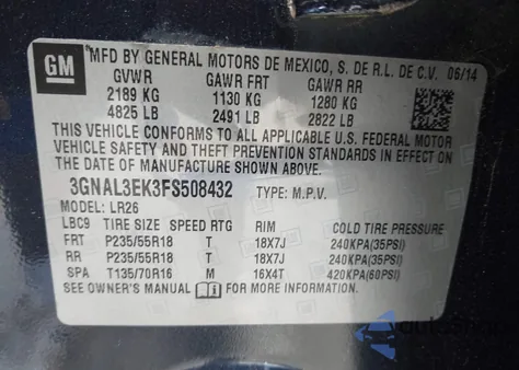 2015 Chevrolet Captiva Sport Lt from USA, damaged, VIN 3GNAL3EK3FS508432